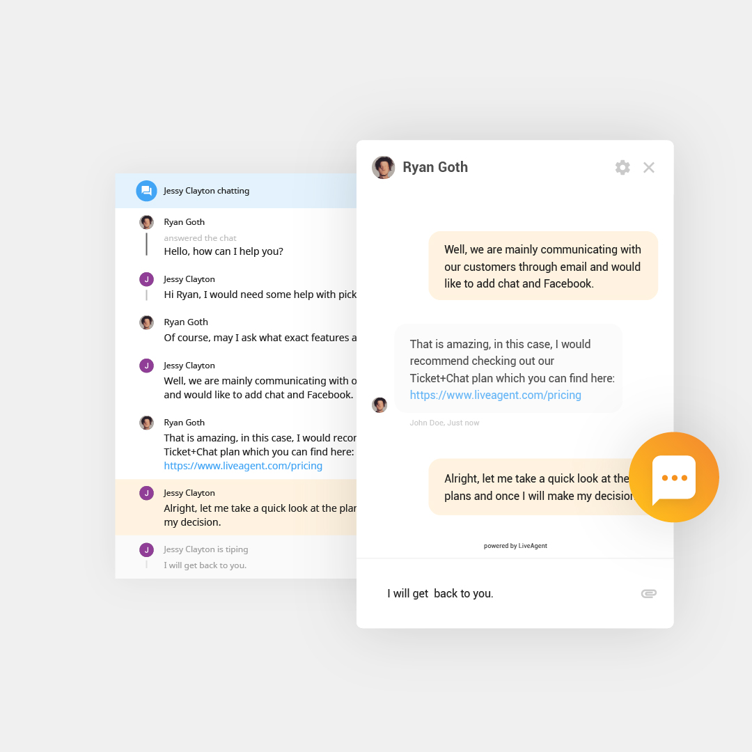 Overview of ongoing live chat in LiveAgent with live chat button and live chat widget & window displayed