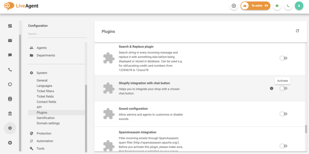 Integracja Shopify z przyciskiem czatu na liście wtyczek LiveAgent