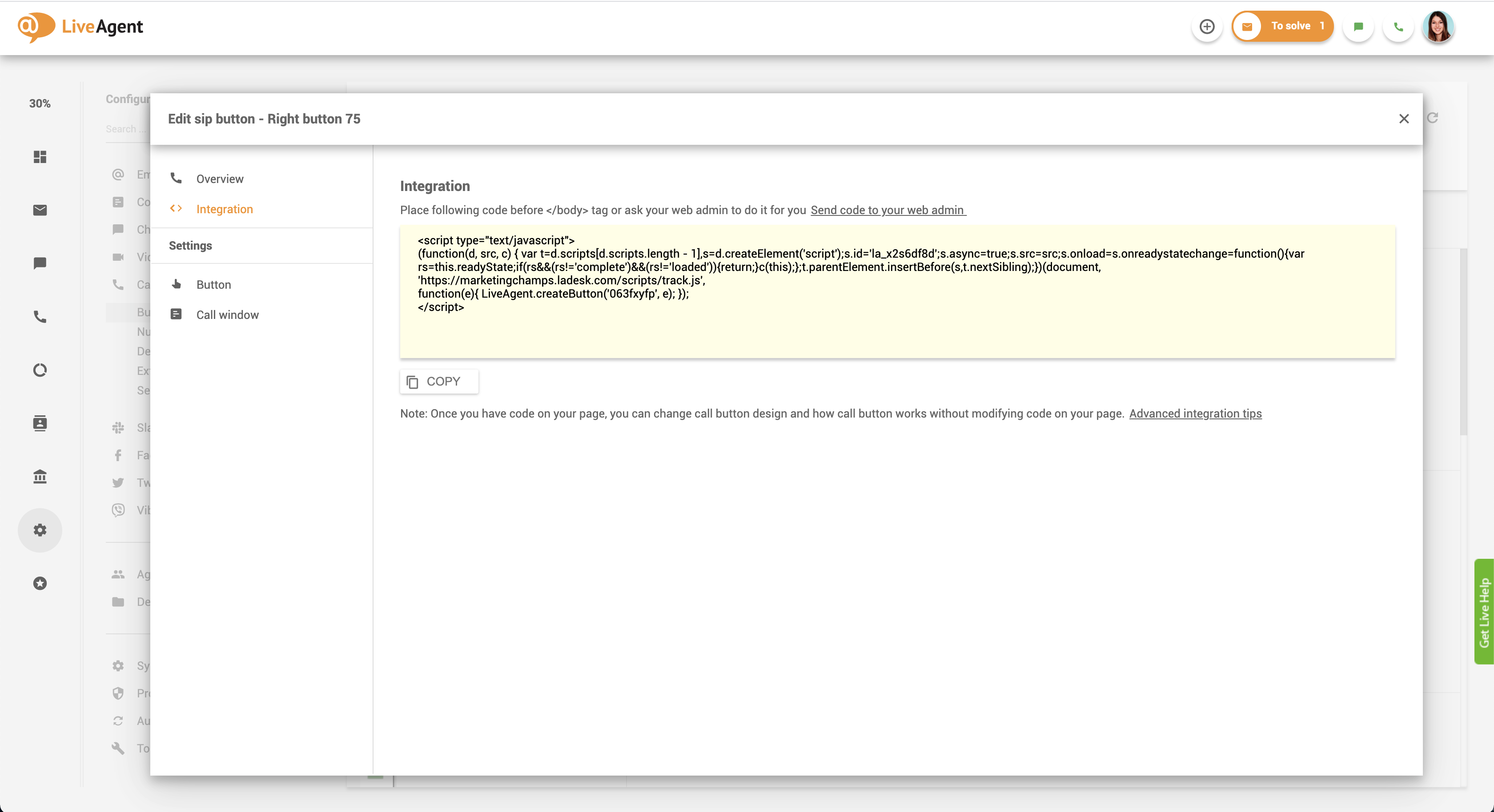 kod integracji przycisku wywołania