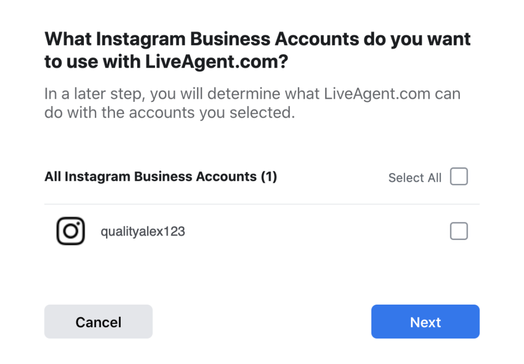 Wybierz konta na Instagramie, które chcesz uwzględnić w integracji