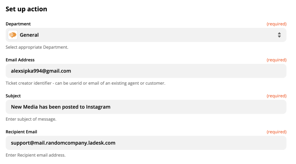 Konfiguracja akcji LiveAgent w integracji Instagrama w Zapier