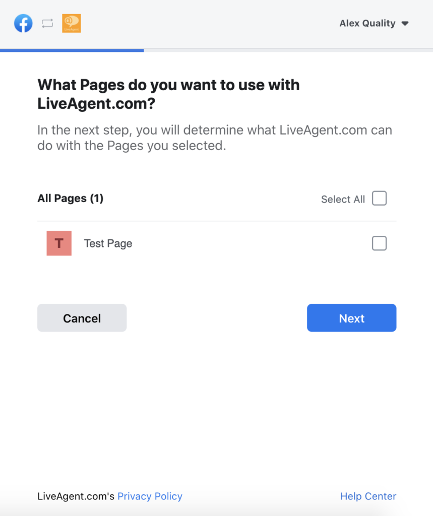 Wybór stron Facebooka w konfiguracji LiveAgent