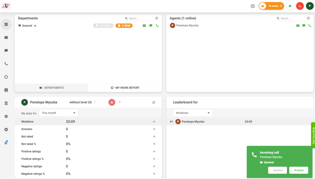 LiveAgent – przychodzące połączenie wyświetlone w panelu