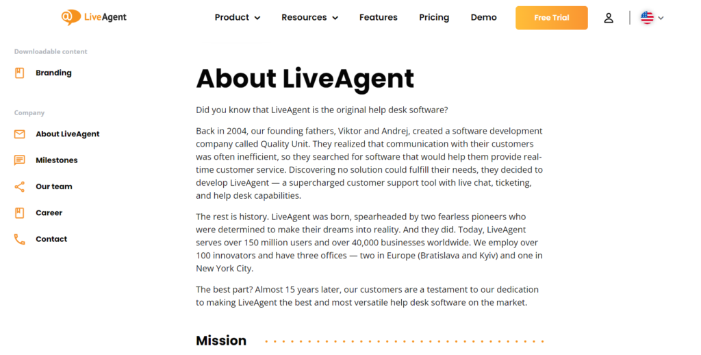 LiveAgent O nas strona