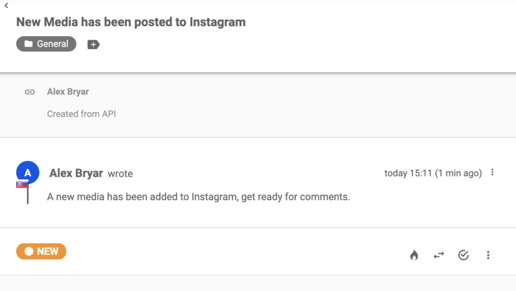 Wiadomość na Instagramie o nowym poście w systemie zgłoszeń LiveAgent